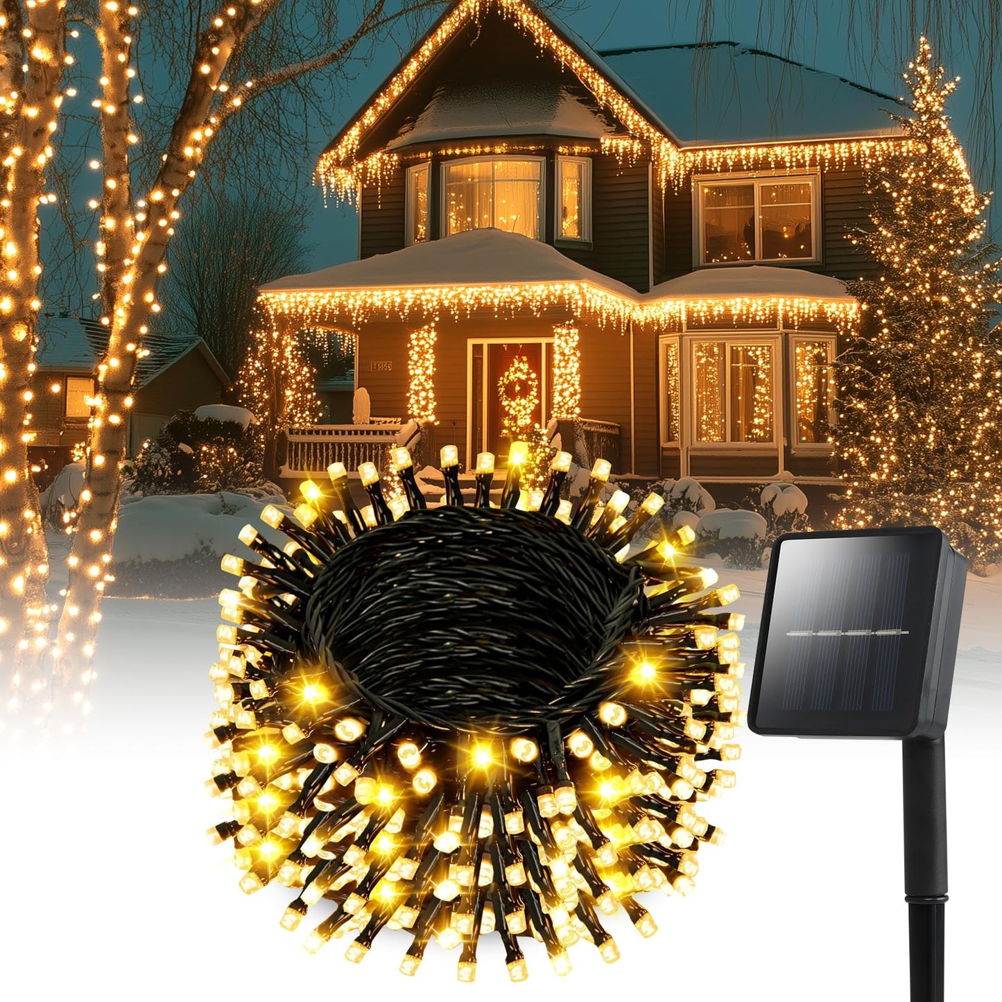 Dailyart Solar String Lights Outdoor 82FT 200 LED Warm White, Solar Fairy Lights Waterproof IP44 with 8 Lighting Modes & Auto On/Off, 600mAh Battery for Garden Patio Yard Trees