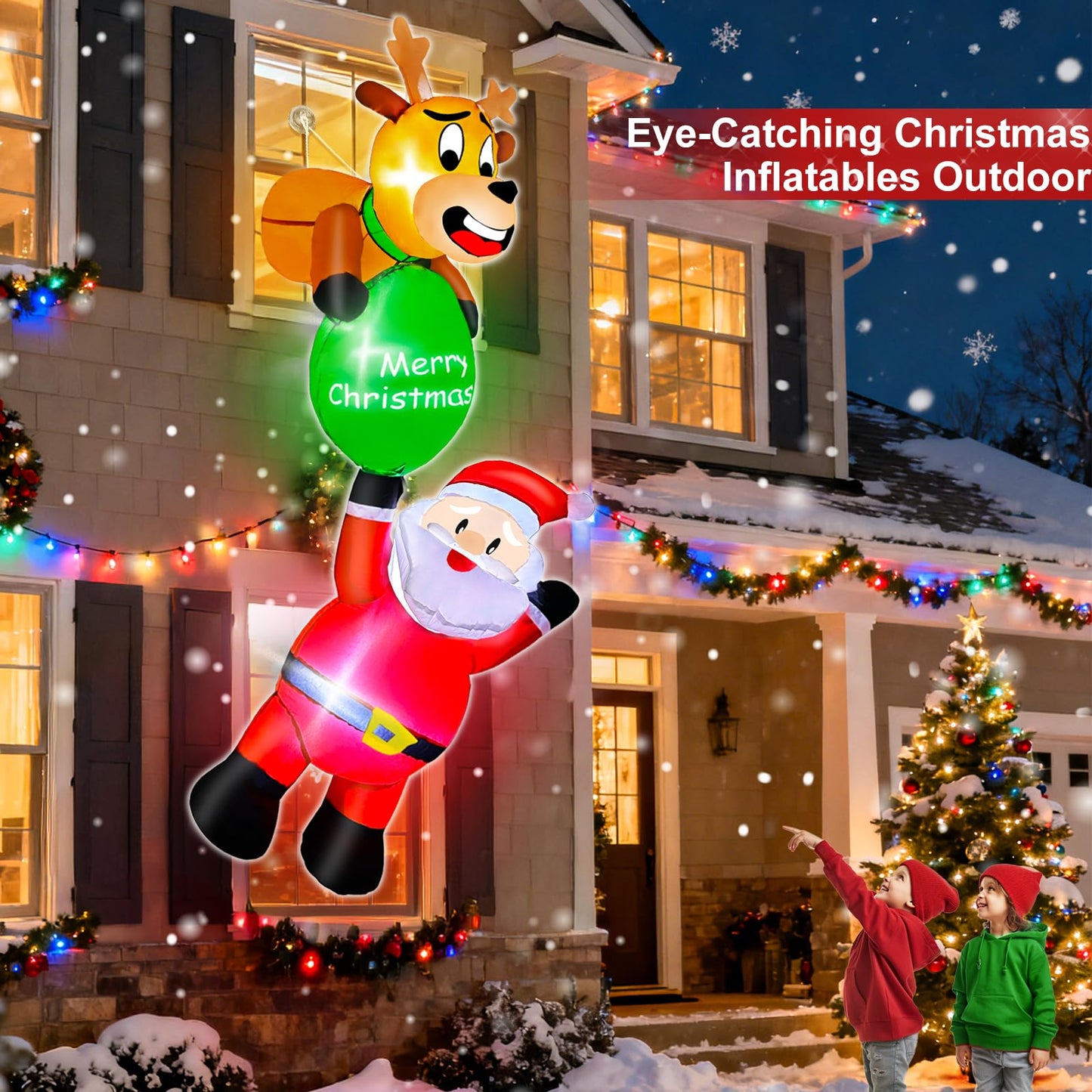 6 Ft Hanging Christmas Inflatables, Reindeer Pulling Gift with Climbing Santa Window Funny Blow Up Outdoor Christmas Decorations with Built-in LEDs Lights for Xmas Yard Lawn Home Roof Holiday Display
