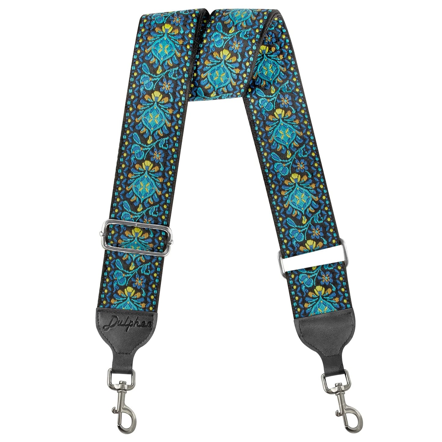 Dulphee Purse Strap, Jacquard Embroidered 2" Wide Soft Cotton & Leather Ends Purse Straps Replacement Crossbody Bag Straps (Jacquard Teal Blue)
