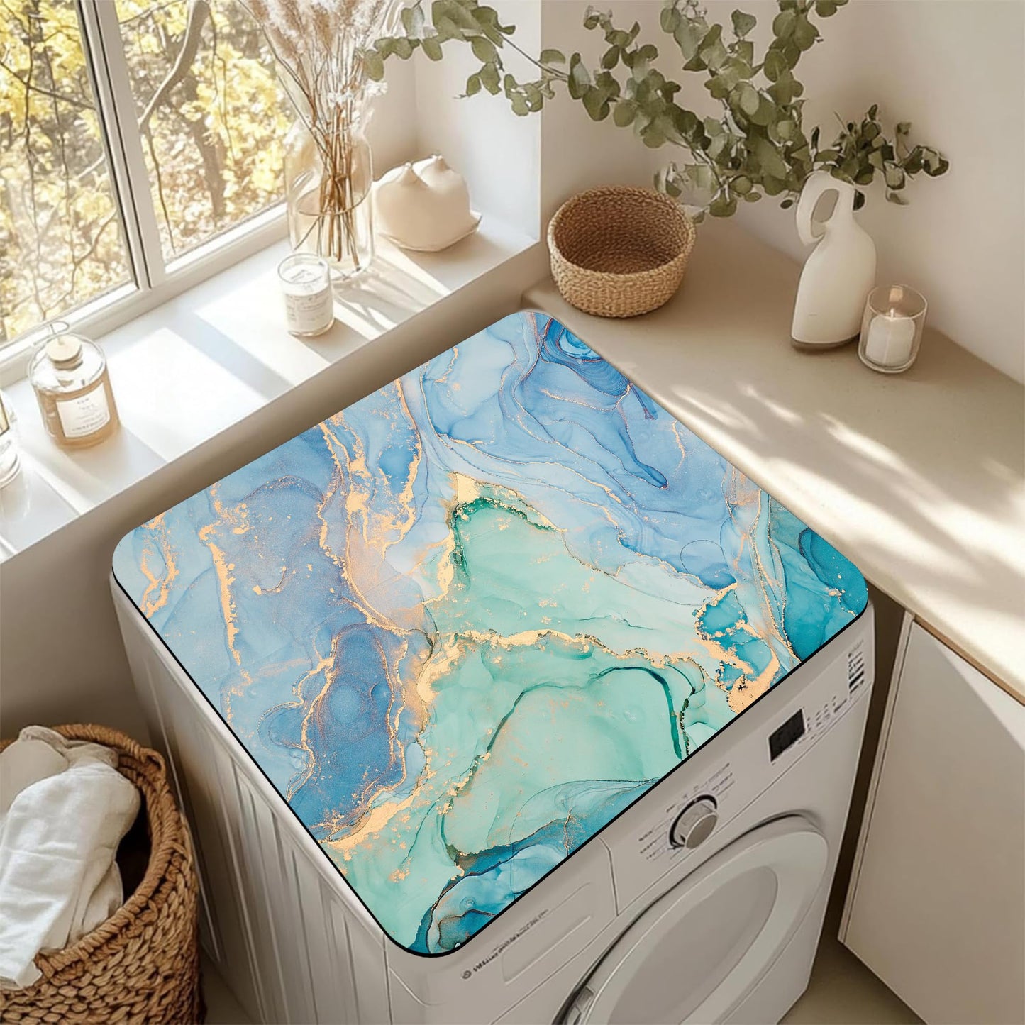 Blue and Green Fluid Marble Texture Washer and Dryer Covers For The Top, Non-slip Fast Drying Absorbent Dryer Top Protector Mat for Kitchen Laundry Room Decor,23.6"x19.7"