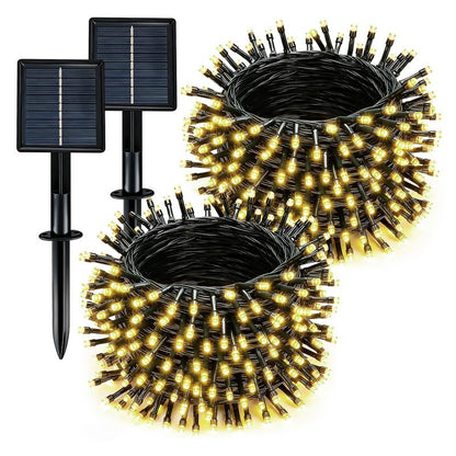 Solar String Lights Outdoor Waterproof 2 Pack Total 66ft 200LED 8 Modes Twinkle Lights Solar Fairy Lights for Patio, Garden Yard Party Wedding Tree Christmas Halloween Decoration, Warm White