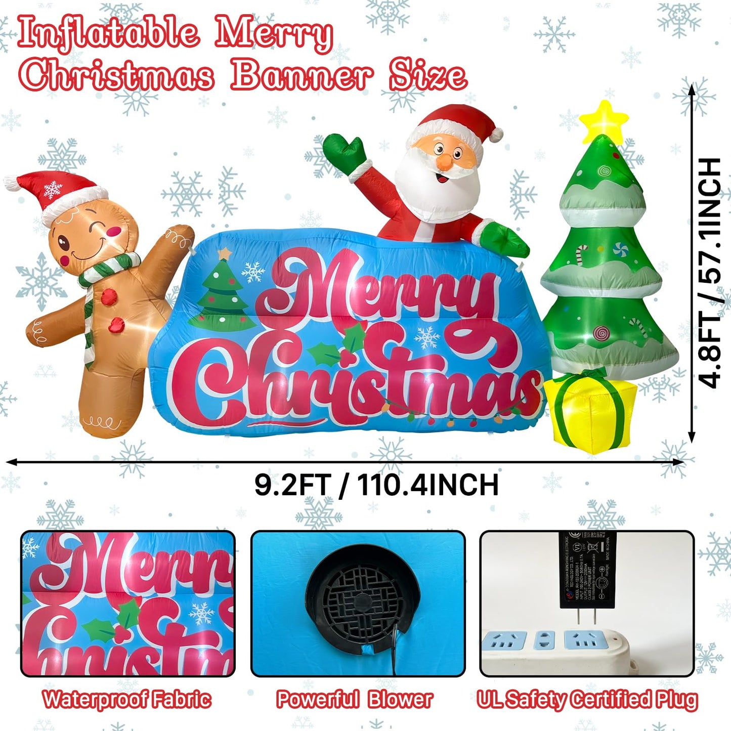 OILCUP 9.2 FT Inflatables Merry Christmas Banner with Santa, Gingerbread Man & Christmas Tree, Blow Ups Outdoor Inflatables Sign with Build-in LEDs for Lawn Yard Winter Holiday Xmas Party Decor