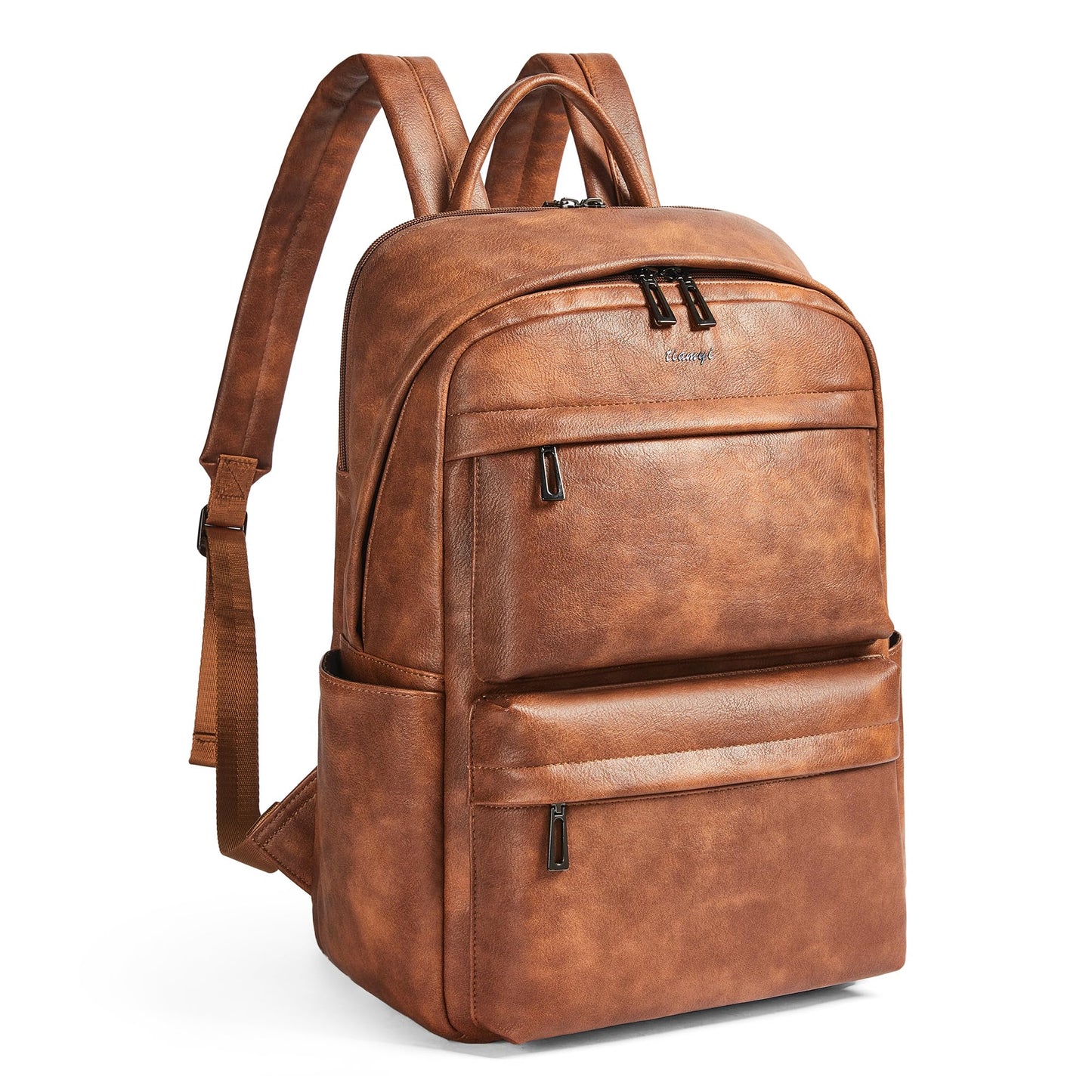tiamyi Vegan Leather Backpack for Women and Men, Fits 16.0 Inch Laptop, Multi-Pocket Design with Water Bottle and Luggage Strap, Ideal for Work, Travel, and Daily Use, Brown