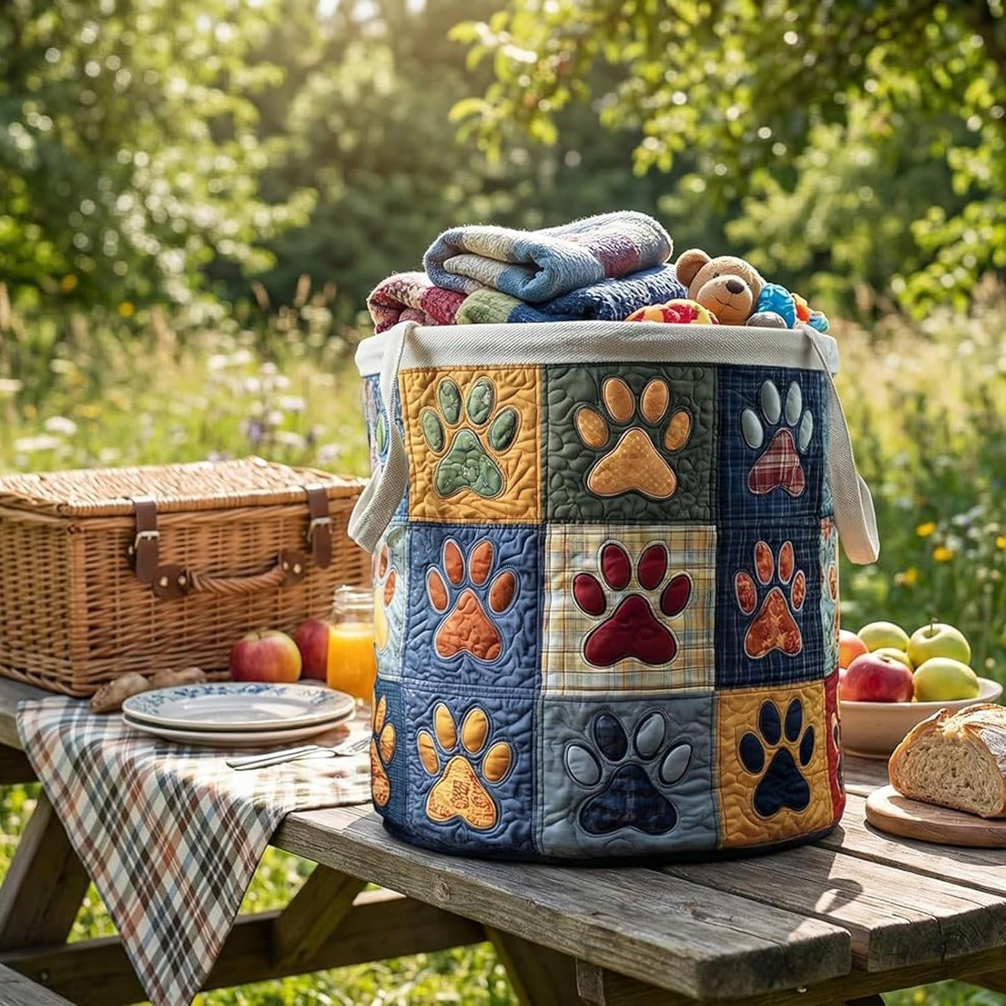 Quilted Laundry Basket With Handles,boho fabric storage basket,multi-functional clothes storage basket，Lightweight and foldable design (Style B, S：14in*18in)