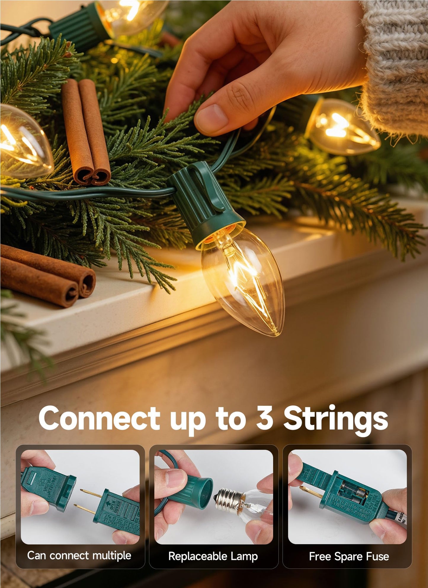 Minetom C9 Clear Christmas String Lights, 25FT 25 Bulbs Bright & Warm Outdoor Christmas Lights, Long Life C9 String Lights for Tree Patio Gazebo Wreath, Green Wire