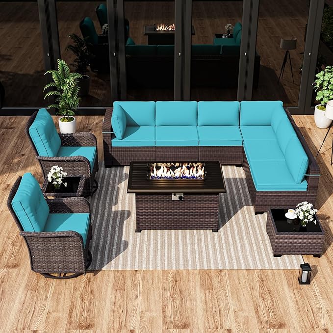 ALAULM 11 Pieces Patio Furniture Set with 2 Swivel Chairs Patio Furniture Outdoor Sectional Sofas with 55000 Gas Fire Pit Patio Conversation Set w/8 Cushions-Blue