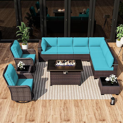 ALAULM 11 Pieces Patio Furniture Set with 2 Swivel Chairs Patio Furniture Outdoor Sectional Sofas with 55000 Gas Fire Pit Patio Conversation Set w/8 Cushions-Blue