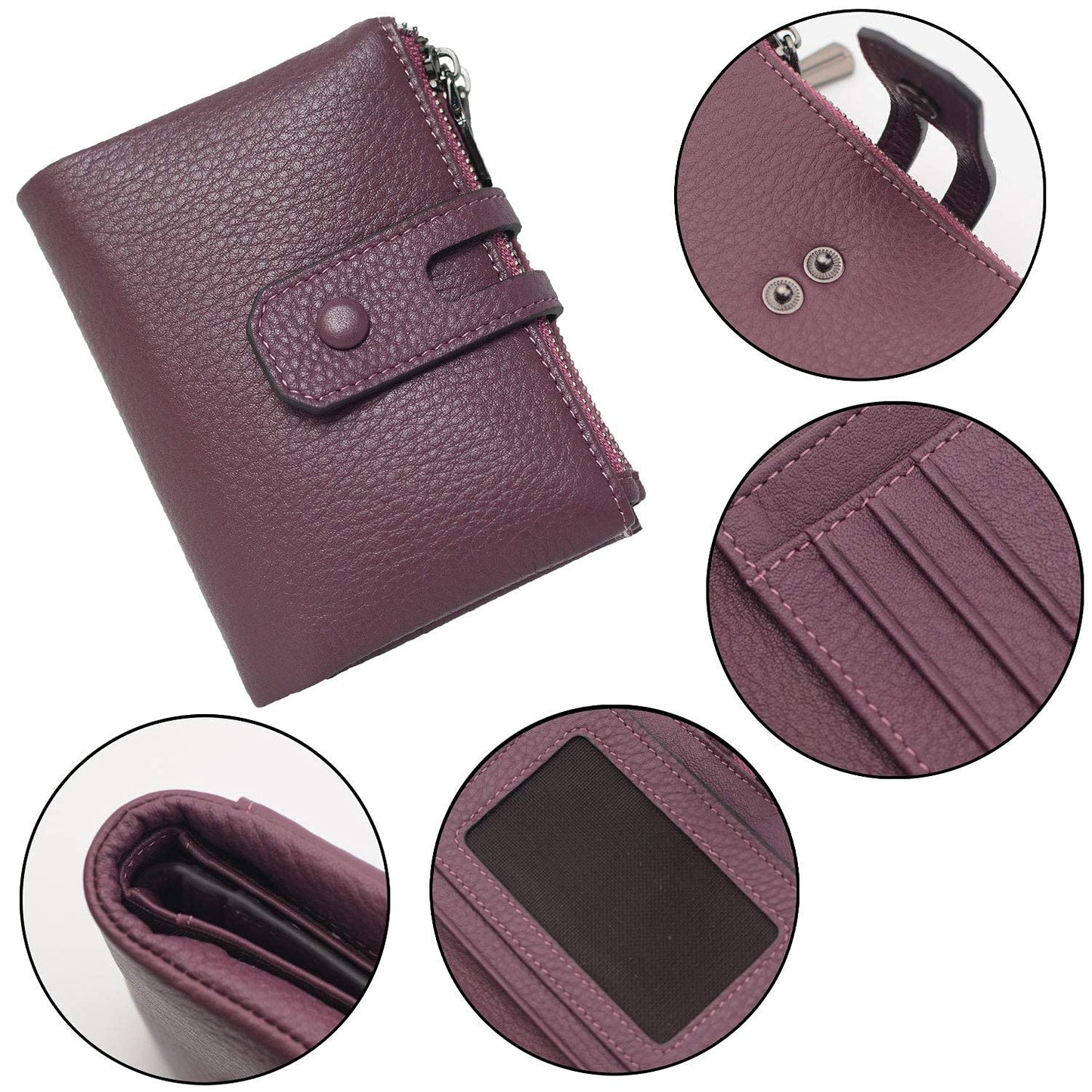 Bveyzi Small Soft Leather Wallet for Women RFID Blocking Ladies Card Holder with Double Zipper Pocket (Deep Plum)