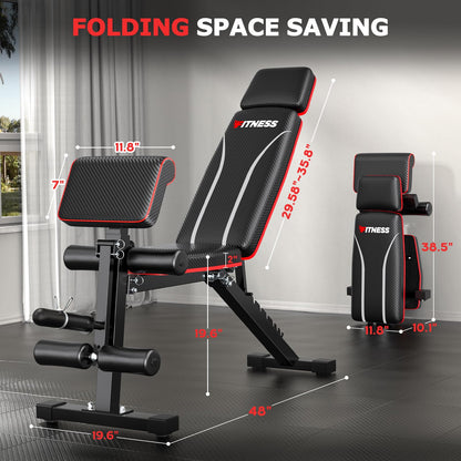 Fostoy Foldable Workout Bench, Adjustable Weight Bench for Home Gym, Multi Functional Gym Bench w/Leg Extension &Preacher Pad, Extra Headrest, Fast Folding Strength Training Incline Sit up Bench 800LB