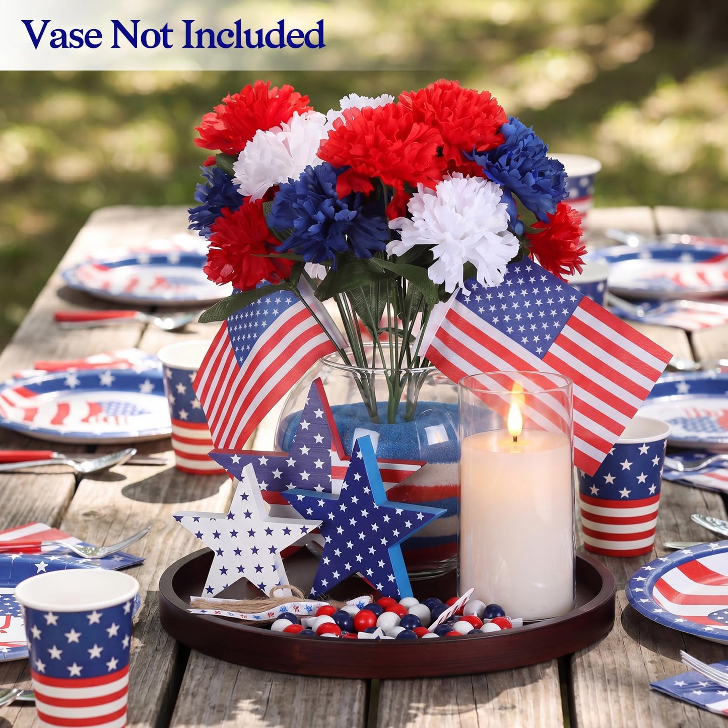4th of July Decorations Centerpiece Table Decor, 250th Anniversary Patriotic Red White Blue Flowers with Mini Flags, Wooden Stars, Tray, LED Candle Bead Garland for Independence Day Party Home Decor