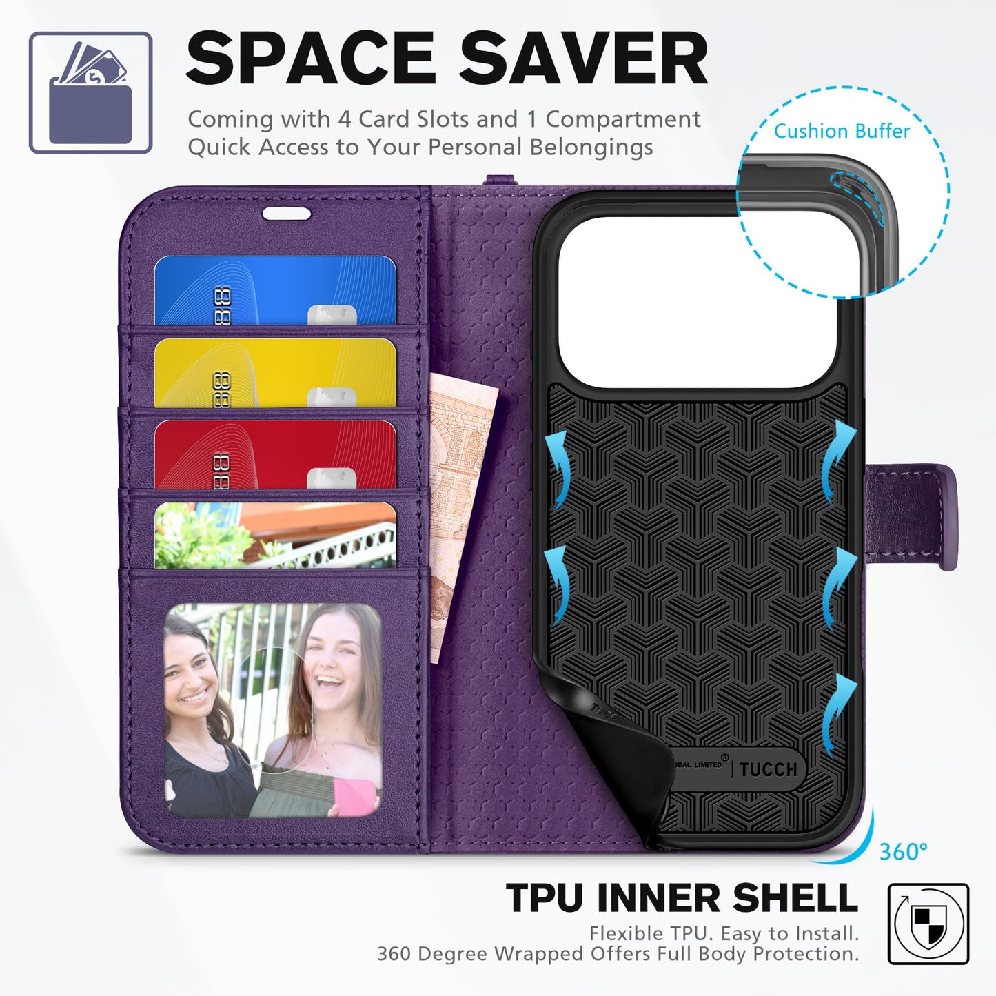 TUCCH Case Wallet for iPhone 17 Pro (6.3") 2025, Wrist Strap, Stand, RFID Blocking, 4 Card Holder, TPU Shockproof Shell, PU Leather, Magnetic Closure Folio Protective Cover, Deep Purple
