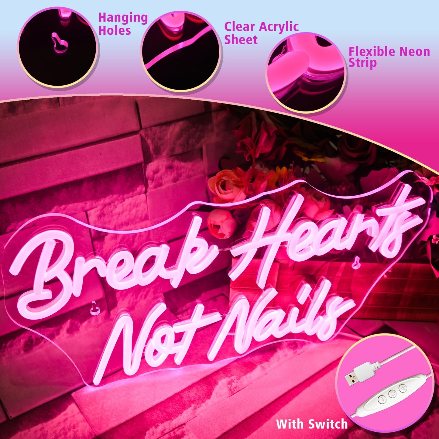 VVYXX Break Heart Not Nails Neon Sign for Wall Decor,Neon Light Pink LED Neon Light for Bedroom Nails Salon Beauty Room Shop Decoration Gift