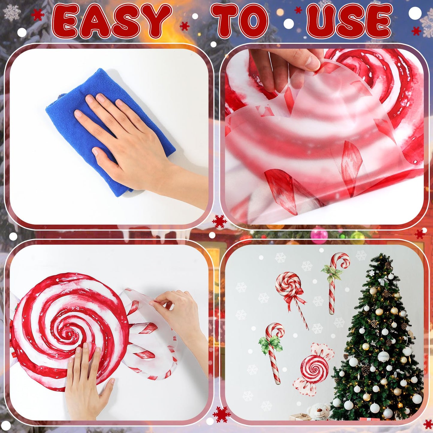 Marspark 4 Pcs Large Christmas Wall Stickers Decals Removable 35.5 x 13.5 Inch Candy Cane Wall Sticker Christmas Snowflakes Window Clings Candy Ornament for Bedroom Living Room Offices Home Decoration