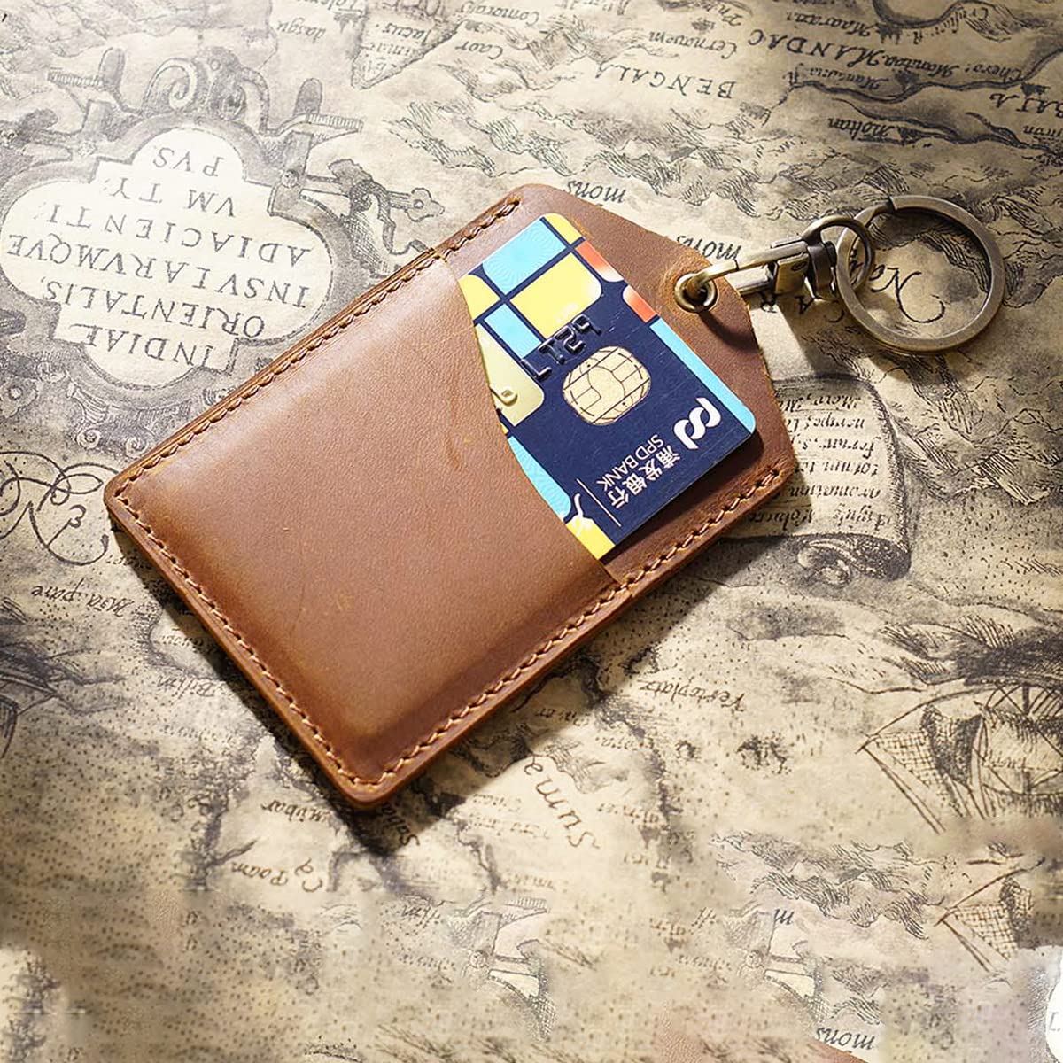 Badge Holder- Vertical Genuine Leather ID Badges Holder Durable Keychain ID Card Holder with Heavy Duty Neck Lanyard for Office, School, Conferences