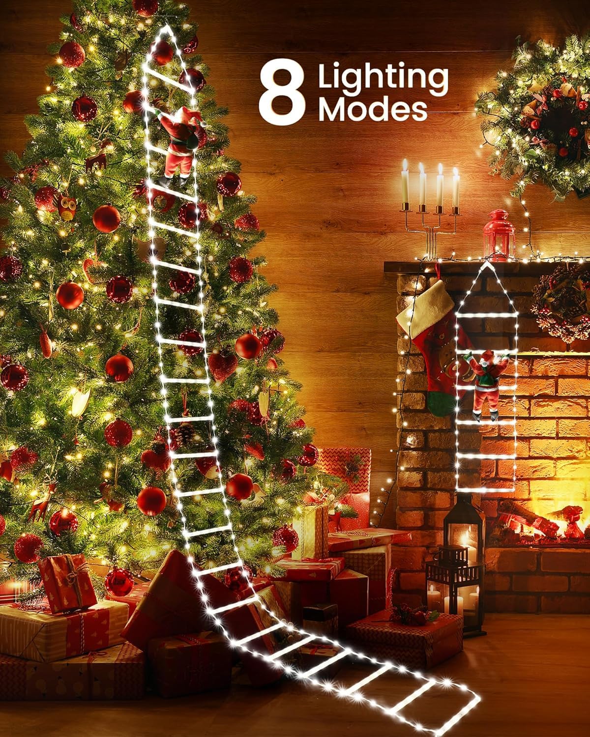 Christmas Decorations LED Ladder Lights with Climbing Santa Claus, 10ft Outdoor Christmas Decorative Light - 8 Modes Xmas Lights Tree for Home Holiday Wall Window Xmas Decor (Cool White)