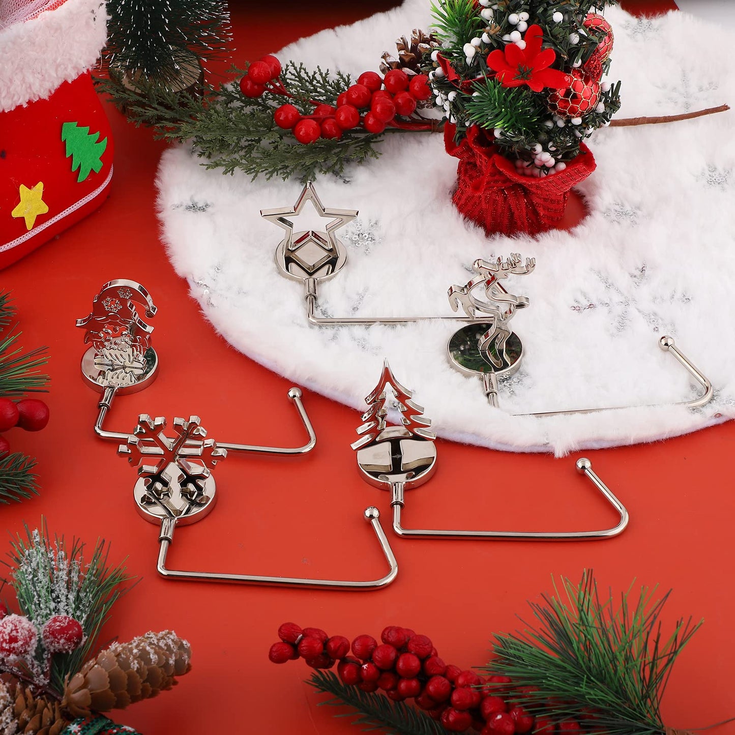 URATOT Pack of 5 Christmas Stocking Holders Mantel Stocking Hangers Fireplace Stocking Hooks in 5 Designs for Christmas Decoration, Silver