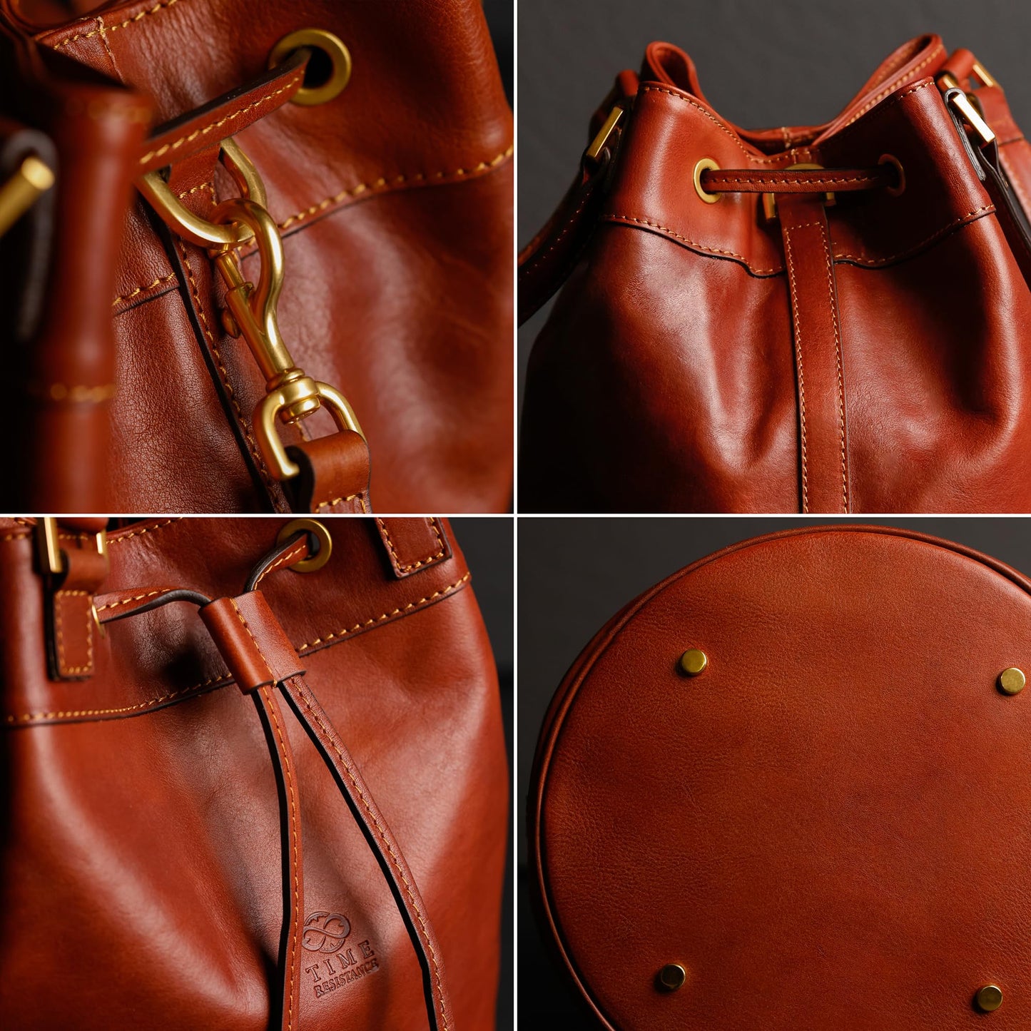 Time Resistance Leather Bucket Bag - Full Grain Leather Tote Bag for Women (Cognac Brown)