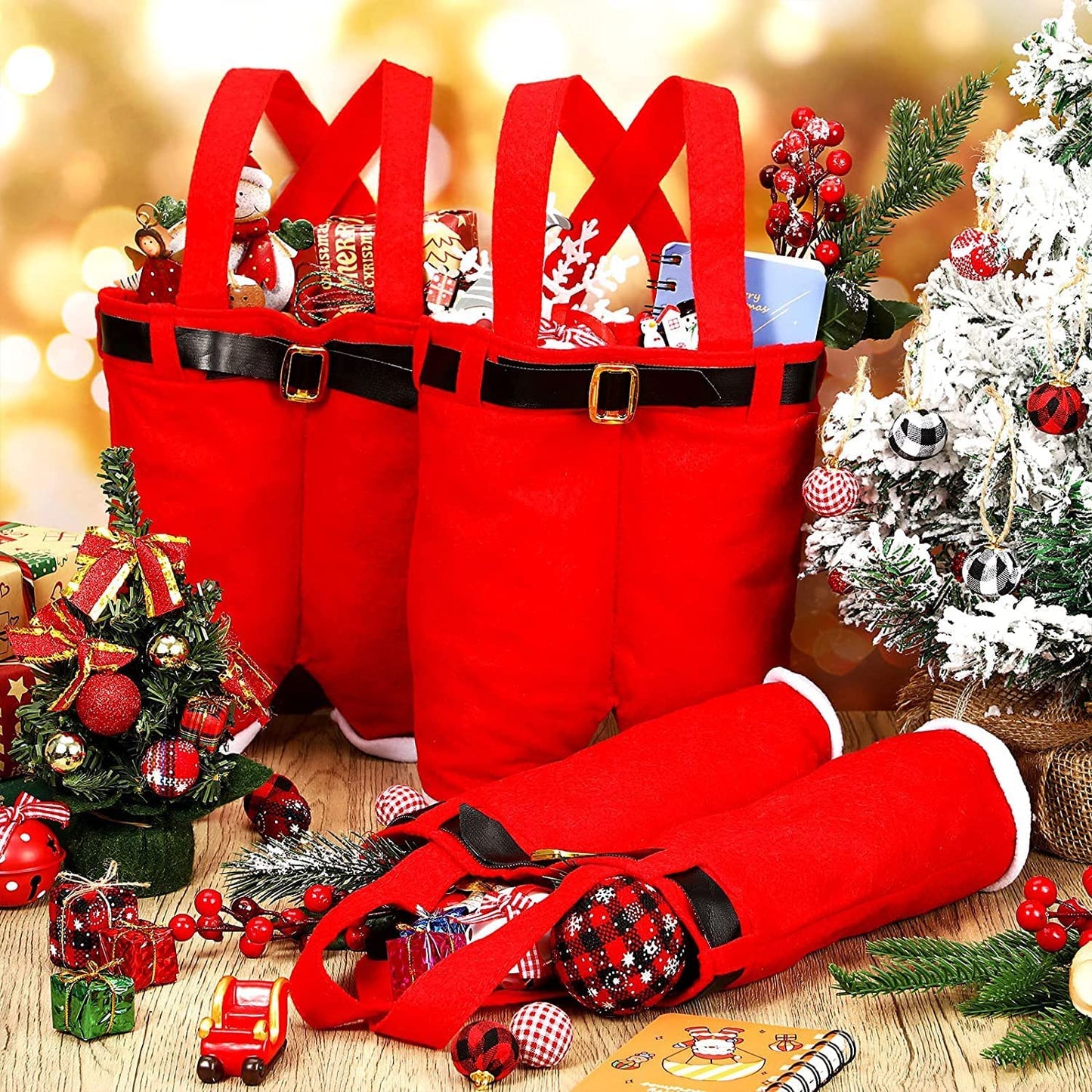 Homecube Large Size Christmas Candy Bag Wine Holders Santa Pants Gift and Treat Bags with Handle Portable Candy Gift Baskets Gift Wrap for Wedding, Pack of 6 (10" L x 15" H)