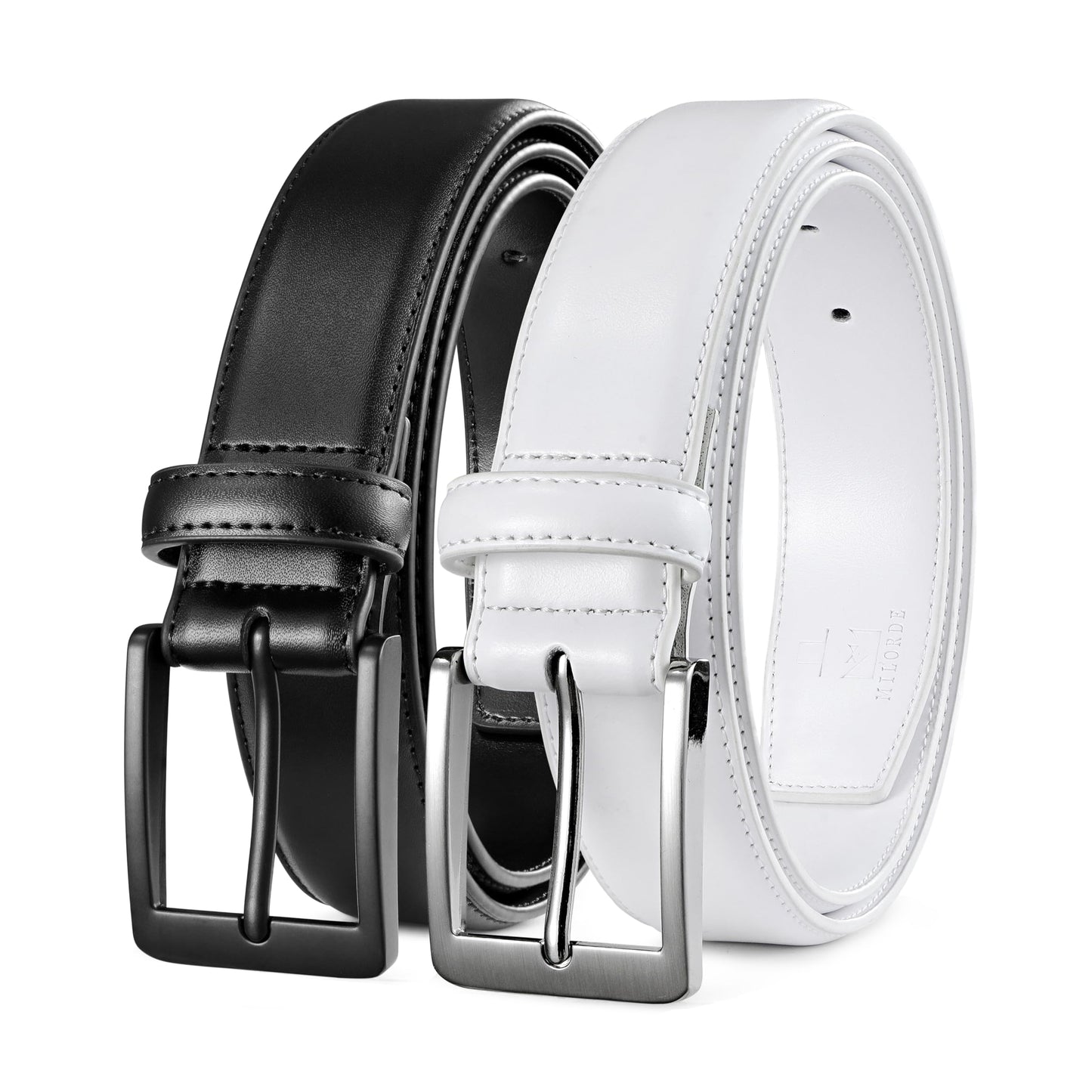 MILORDE Men's Leather Dress Belt 2Pack, Handmade, 100% Cow Leather, Fashion & Classic Designs for Work Business and Casual (2Pack-Black603/White608,36)