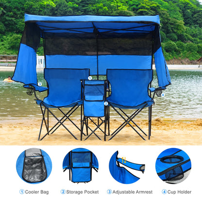 WTVIDAS Double Beach Chair with Canopy Shade Heavy Duty Camping Chairs with Cup Holder Folding Loveseat for Outside Lawn