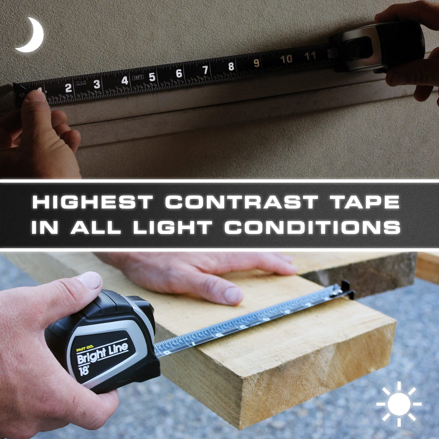 Perfect Measuring Tape - BrightLine High Contrast Dark Mode Easy Read Tape Measure for Low Light Visibility - Heavy Duty Rubber Case 18ft (Inch Fractions) Dual Sided Auto Lock Tape Measure Retractable