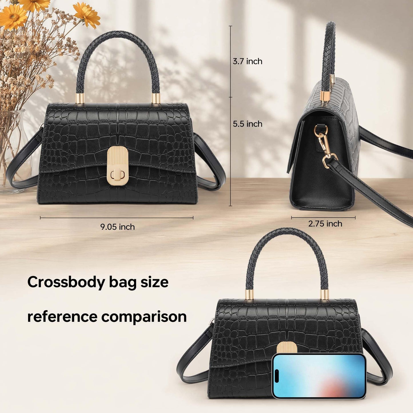 Goinsound Top Handle Bag for Women Small handbags Medium Square purses Designer Clutch with Detachable Strap Black
