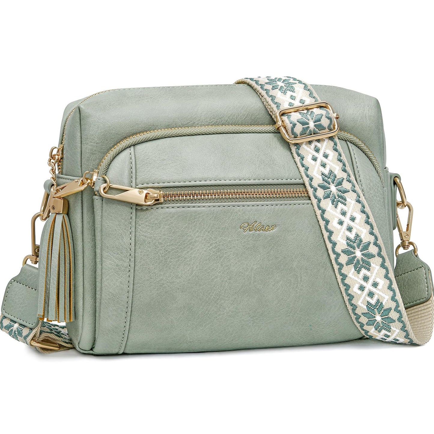 HILAEX Small Leather Crossbody Bags for Women Anti theft Purses and Handbag Shoulder Hangbag with Wide Strap Tassel Pale Green