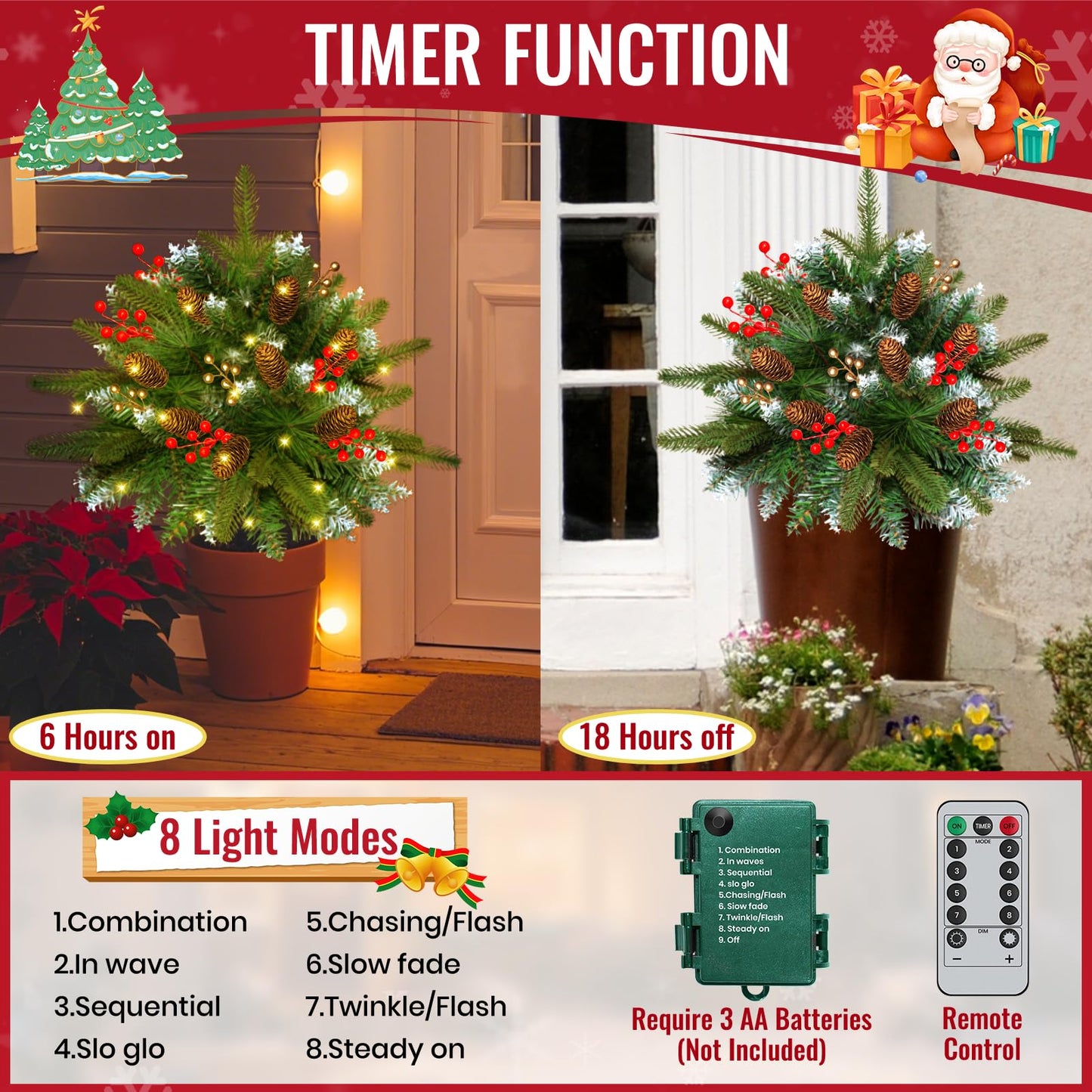 Set of 2 24Inch Lighted Christmas Tree Urn Filler, Artificial Holiday Planters, Flocked Xmas Trees with Cones Berries, Outdoor Christmas Decorations for Planter, Porch, Yard