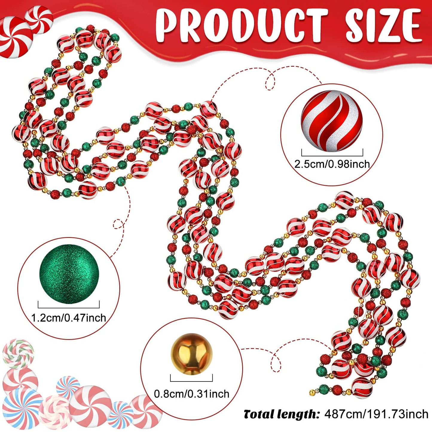 Jetec 16 ft Christmas Ball Garland Ornament Red White Green Stripe Candy Beaded Ball Ornament Hanging for Christmas Tree Retro Party Decorations