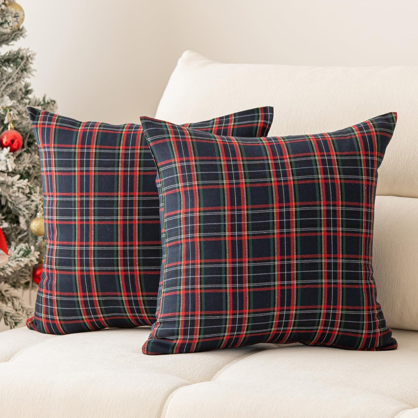 Huierxun Christmas Pillow Covers 18x18 Set of 2, Christmas Decorations Scottish Tartan Plaid Throw Pillow Cases Farmhouse Decorative Square Cushion Case for Sofa Couch Home Decor (Plaid H,18''x18'')