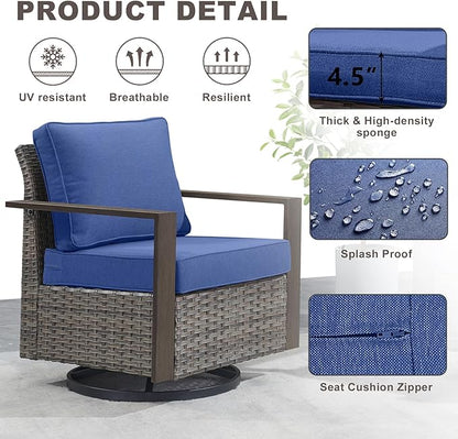 Rilyson Outdoor Wicker Patio Furniture Set - 6 Piece Patio Conversation Set with 2 Wicker Swivel Rocker Chairs,2 Rattan Ottoman,1 Side Table and 1 Couch,Thick Cushions,Deep Seating(Mixed Grey/Blue)