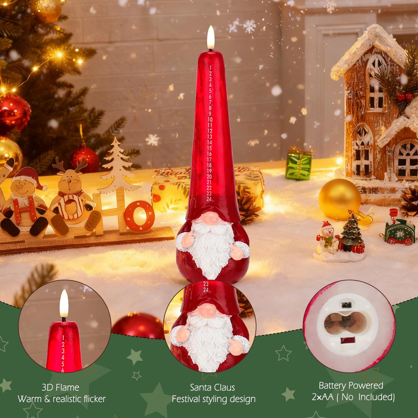 AFINETH Christmas Flameless Candles with Remote, Xmas Countdown Candle, Santa Claus Countdown to Christmas Battery Operated Candles, Red Flameless Advent Candles for Mantel Decor