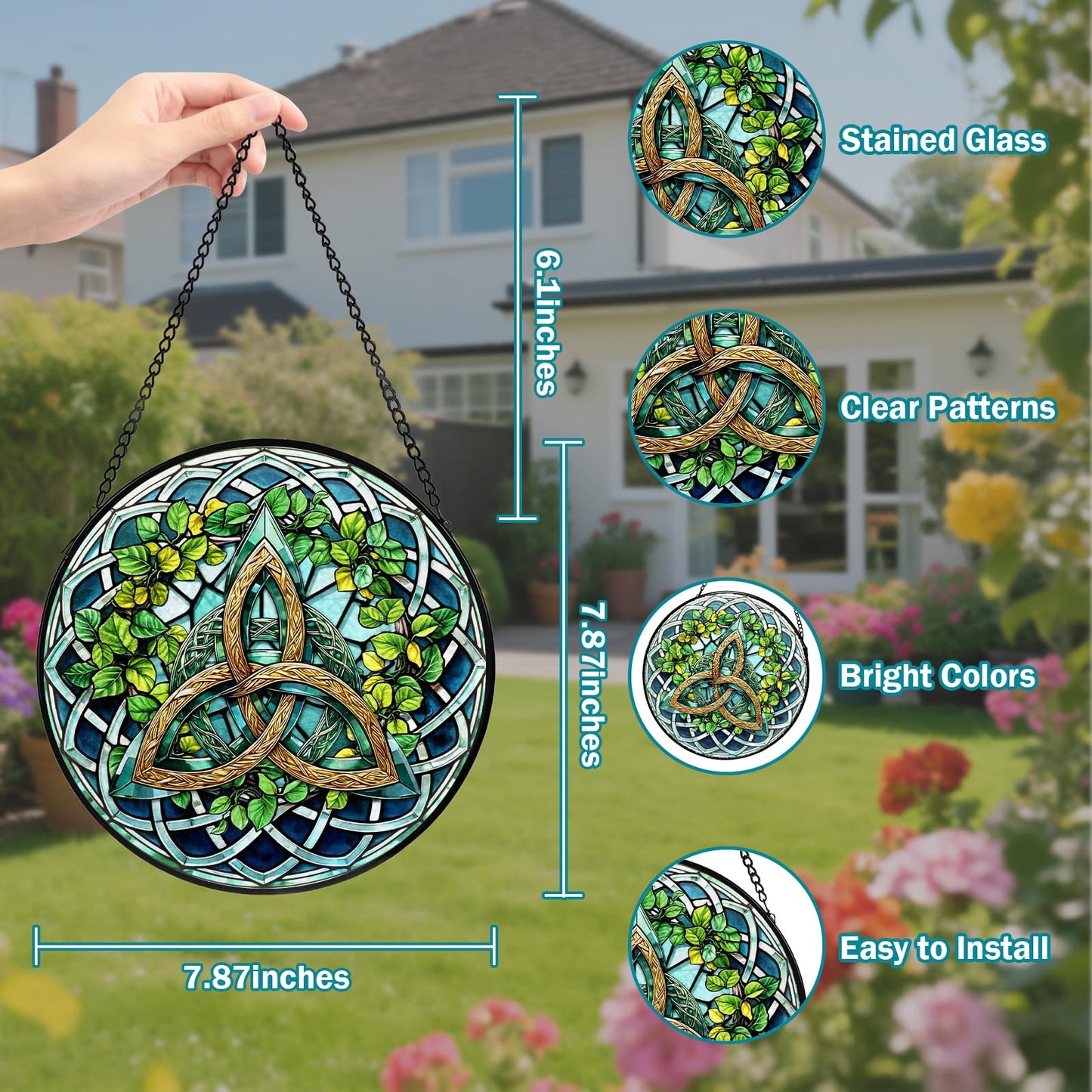 Celtic Knot Stained Glass Window Hanging, Suncatcher Diamond Glass Panel Hangings, Sun Catchers Indoor Windows Wall Art Decoration, Christmas Decor for Home Office Garden Green 7.87 inches