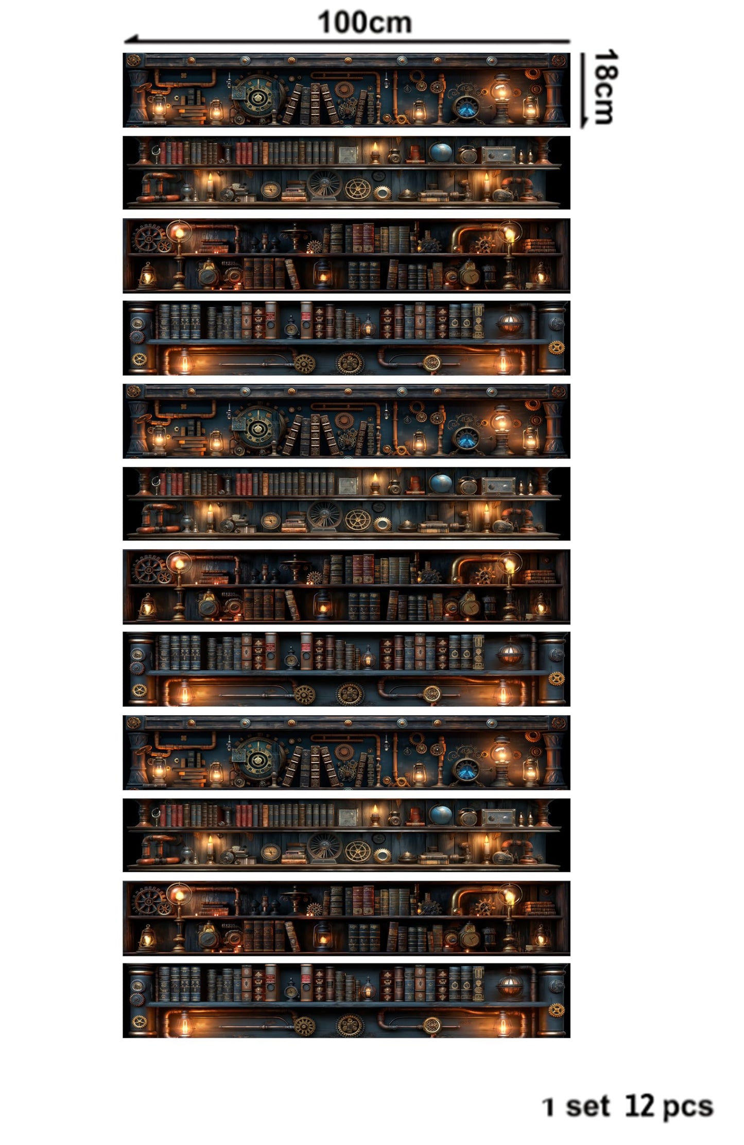 AMAZING WALL Peel and Stick Stair Riser Decals,Steampunk Library Bookshelf Design,Removable,Set of 12