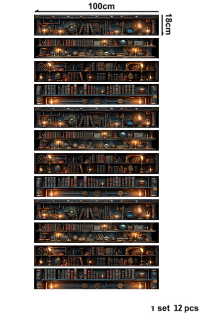 AMAZING WALL Peel and Stick Stair Riser Decals,Steampunk Library Bookshelf Design,Removable,Set of 12