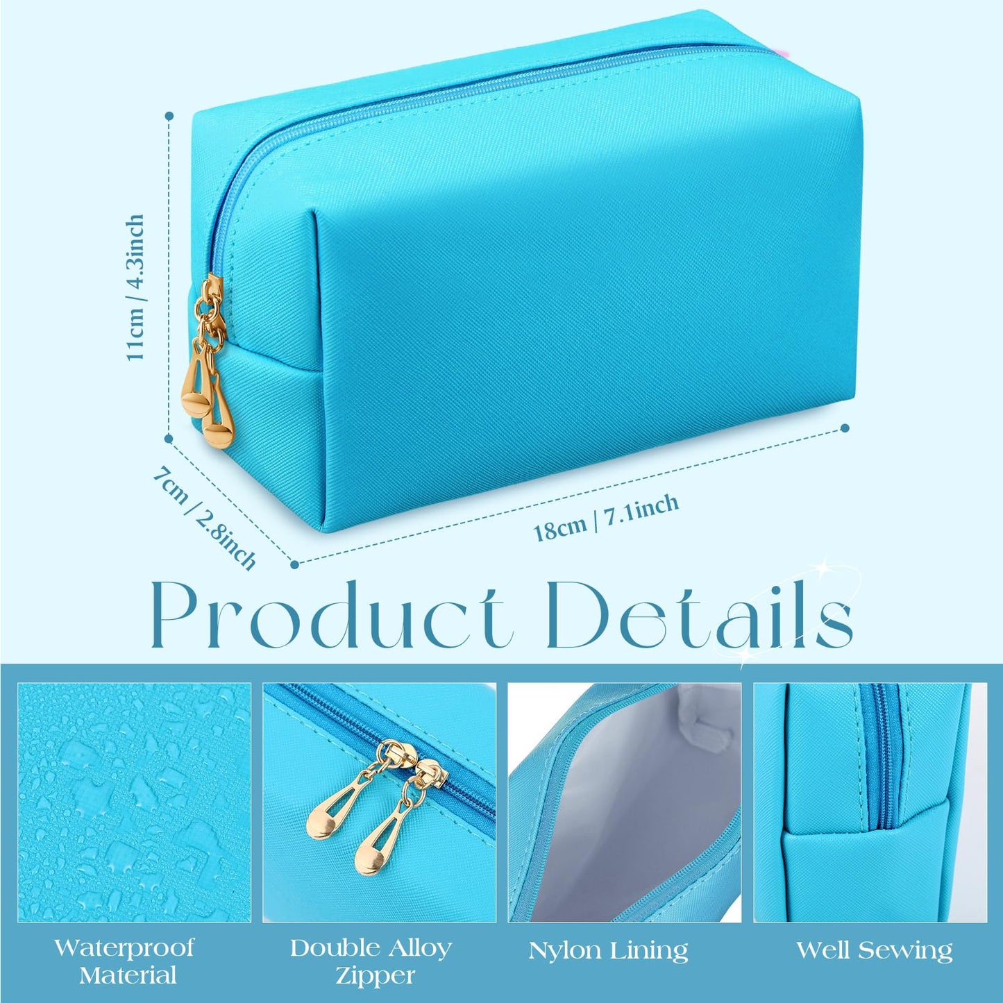 Kigeli Aesthetic Makeup Bags PU Leather Cosmetic Pouches Waterproof Plain Toiletry Bags Makeup Pouches Bulk for Women Party Gift Travel Storage Organizer(Blue Teal,7.1 x 2.8 x 4.3 in)