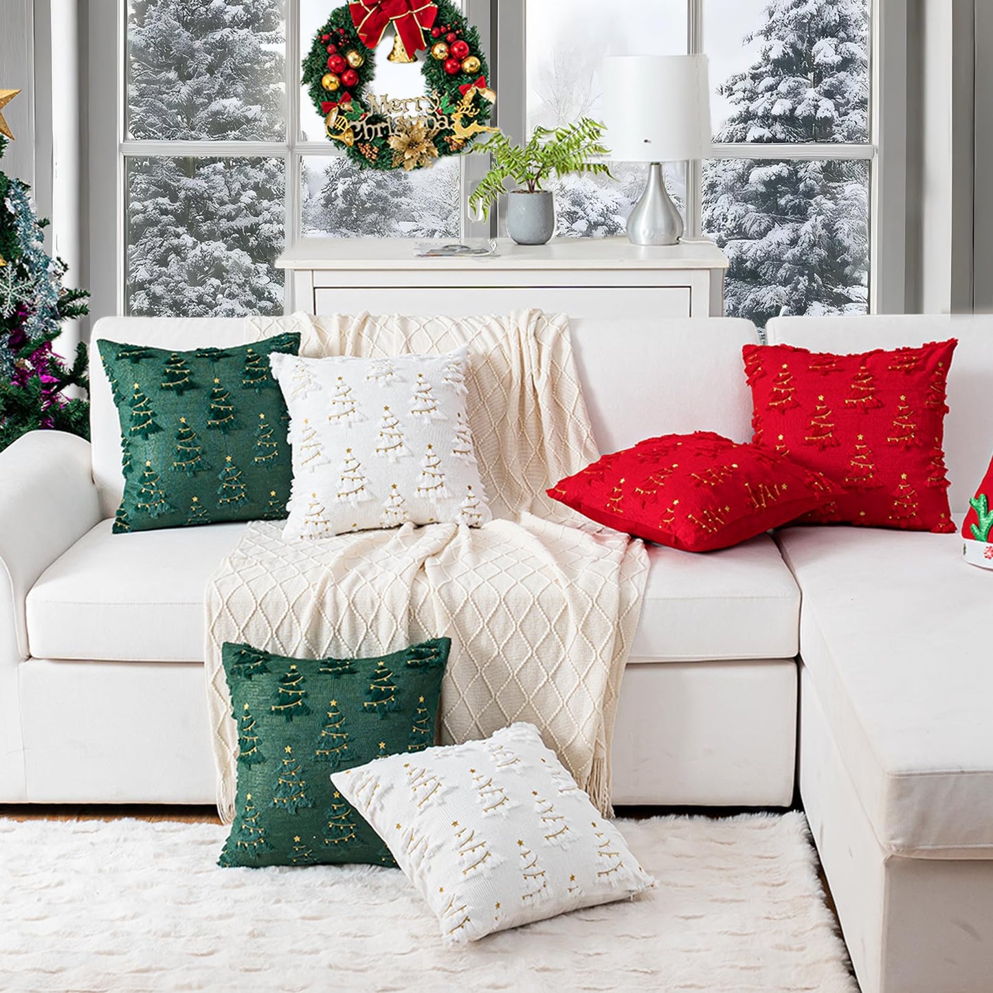 ZSkogur Christmas Throw Pillow Covers 18x18 Set of 2, Christmas Tree Decoration Cushion Covers Soft Faux Fur Pillow Cases for Sofa Couch Bed Winter Holiday Festivals Home Decor, Green(Star)