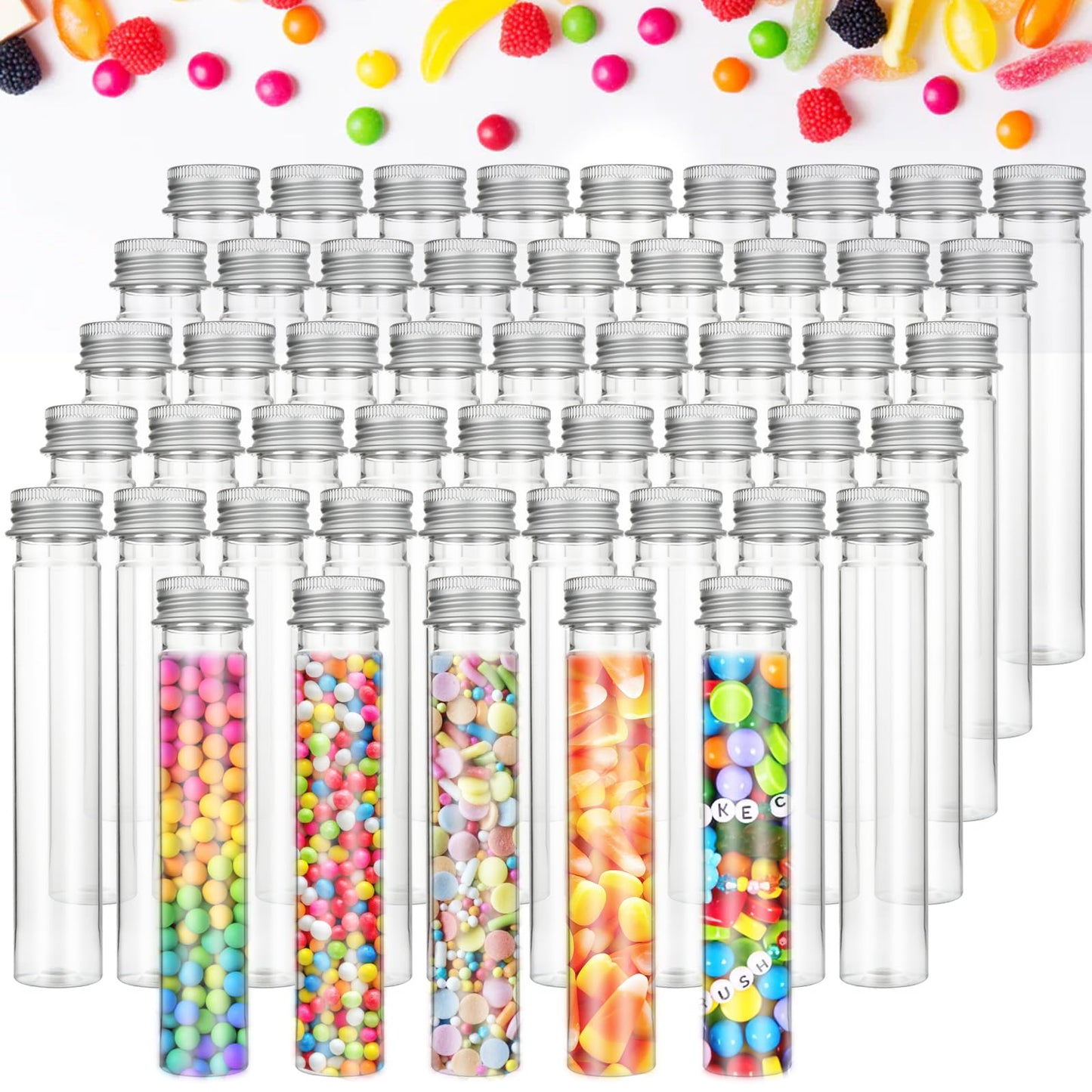Oungy 50 Pack 65ML Plastic Test Tubes with Screw Caps Plastic Candy Tubes Clear Bath Salt Tubes Gumball Tubes Container Vials for Candy Bath Salts Spices Party Favors