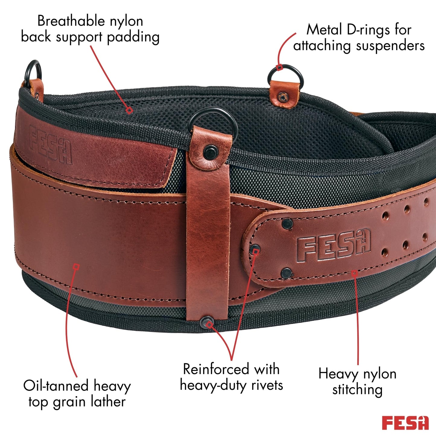 FESA Padded Tool Belt with Back Support - Padded Leather Tool Belt with D-rings for Suspenders - Perfect for Electricians, Carpenters & Framers - Adjustable from 37"-44" - Handcrafted (Cherry)