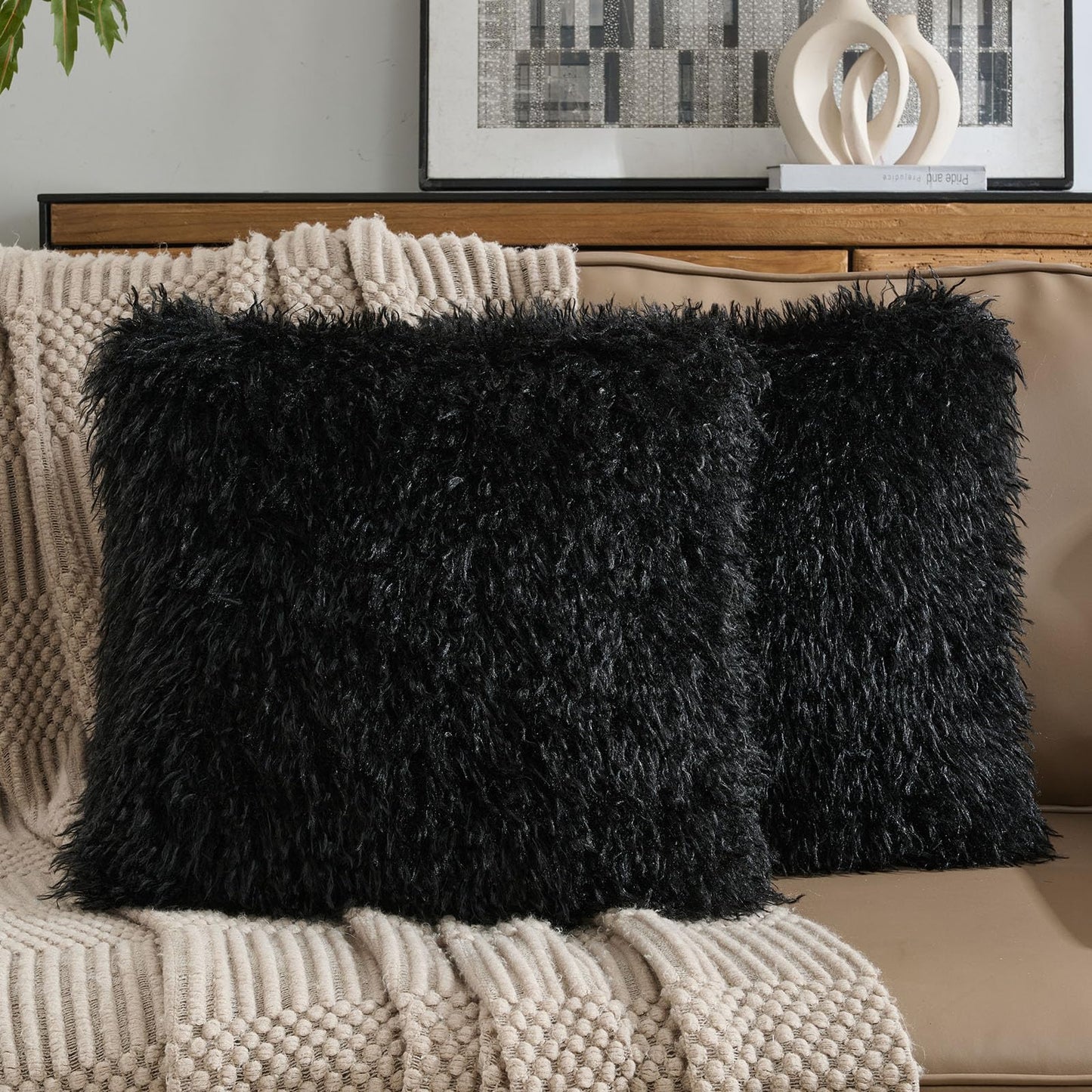 FUTEI Pack of 2 Shaggy Mongolian Faux Wool Throw Pillow Covers 18x18 Inch Soft Fluffy Farmhouse Decorative Cushion Case for Couch Bed Living Room, Black