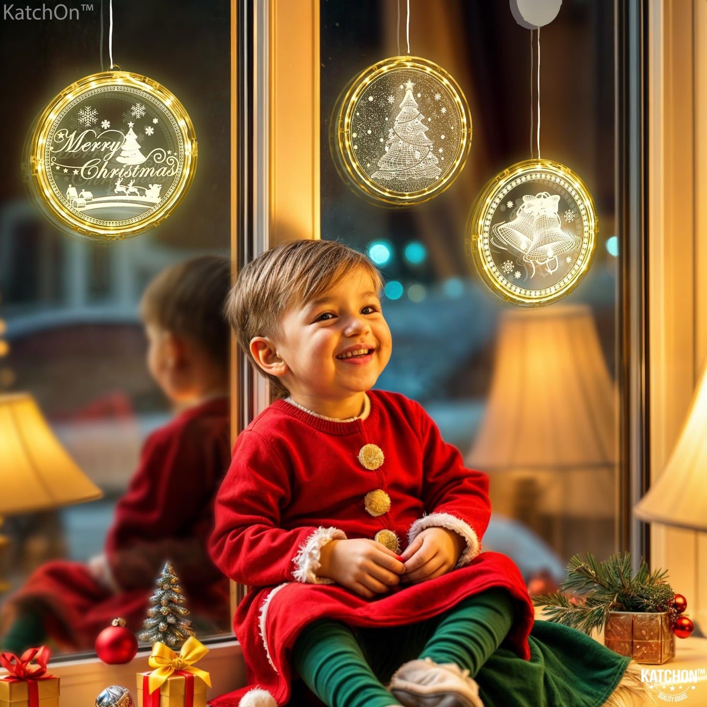 KatchOn, Light Up Window Christmas Decorations Indoor - Pack of 3 | Santa, Reindeers and Christmas Tree for Party Decorations | LED Hanging Lights, Battery Operated Christmas Lights Indoor