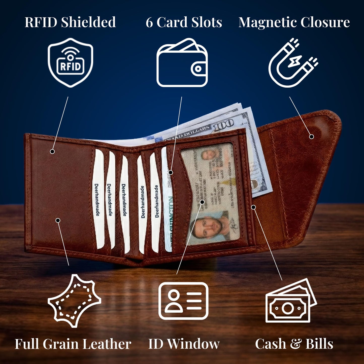 Full-Grain Leather Wallet for Men, Handcrafted Mens Bifold Wallet with RFID Blocking, Magnetic Closure, Slim Minimalist Thin Design, ID Window, Book Shaped Gift Ready Box, 3-Year Warranty