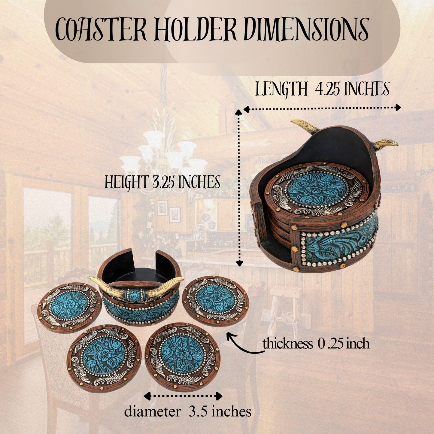 BestGiftEver Rustic Southwestern Coasters Set: Faux Horn & Tooled Leather-Inspired Western Home Decor, Lodge, Cabin - Unique Gift for Cowboy Ranch Theme Enthusiasts