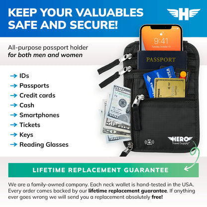 HERO Neck Wallet - RFID Blocking Passport Holder, Easy to Conceal Travel Pouch (Black)