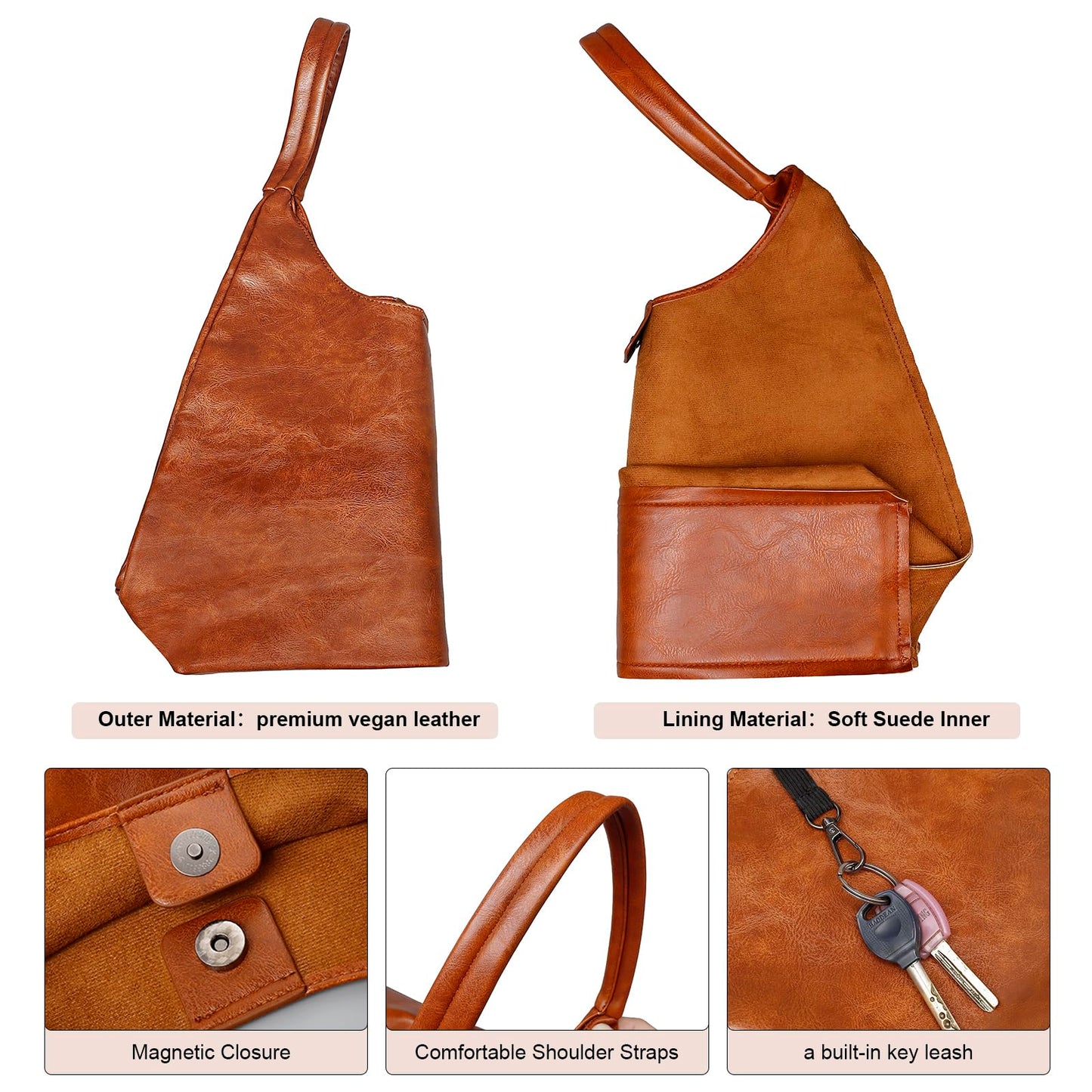 Hobo Bags for Women Retro Vegan Leather Womens Slouchy Large Tote Bag Shoulder Purses Handbag, brown