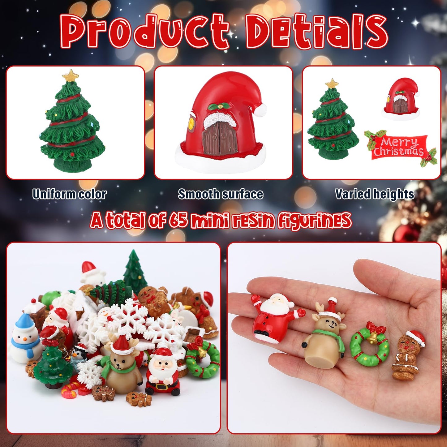 Soulchen 65 Pcs Christmas Miniature Figurines for Crafts Mini Santa Snowman Resin Charms Ornaments Bulk Snowflake Xmas Tree Reindeer Goodie Bag Fillers Gifts for Christmas Winter Party Decoration DIY