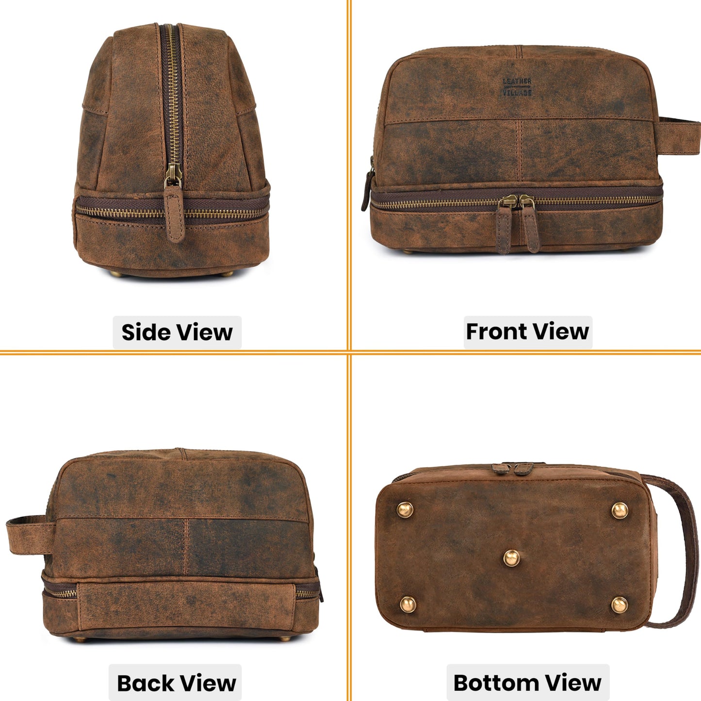 LEATHER VILLAGE Genuine Vintage Leather Dopp Kit - Travel Bag with Waterproof Lining, Large Capacity Toiletry Bag, Dual-Zip Design for Men & Women, Shaving & Bathroom Essentials Organizer-Rustic Brown