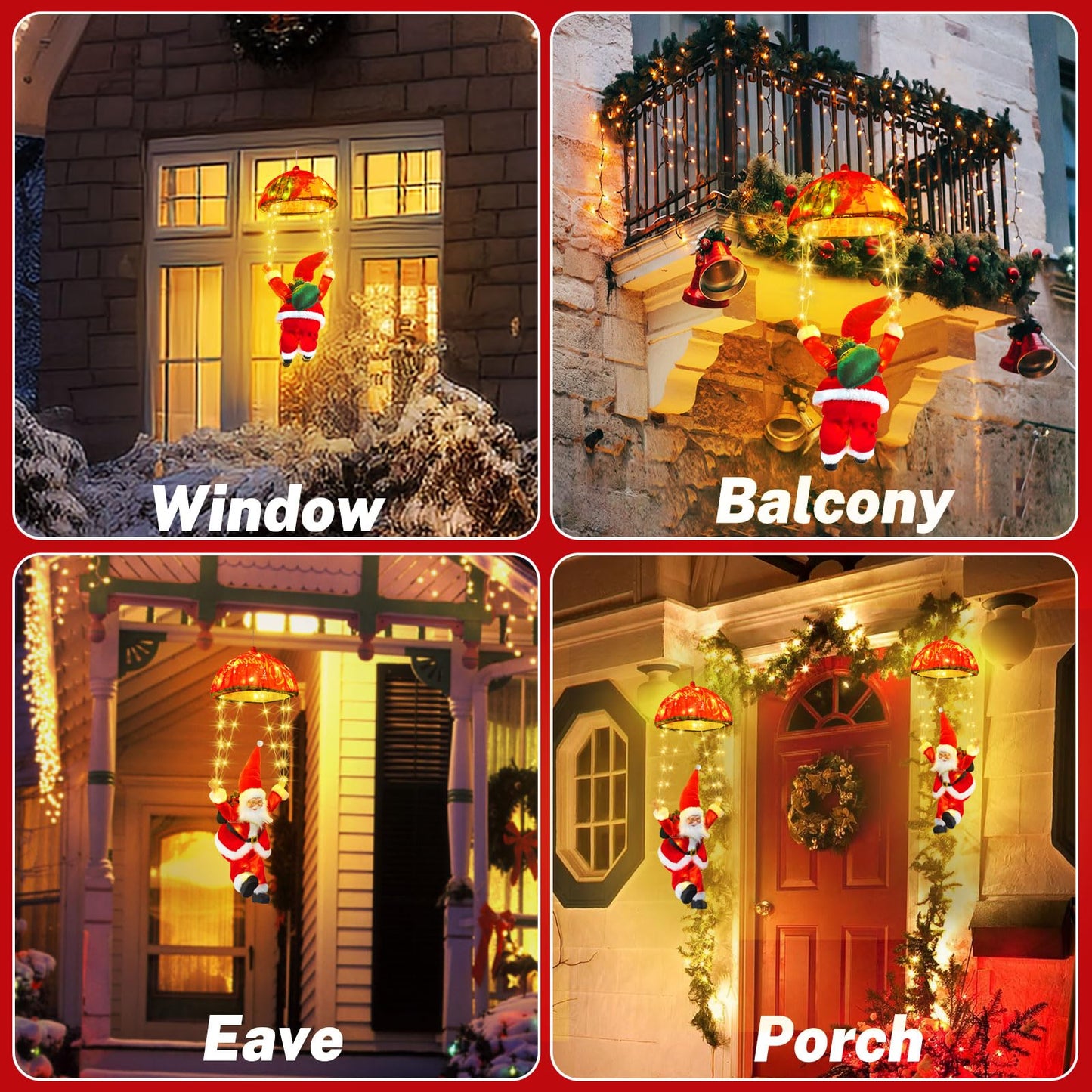 JNOEC Christmas Lights Outdoor Indoor, Santa Claus Parachute LED Lights, 8 Modes & Timer Christmas Decorations Lights Outside Inside for Window, Garden, Home, Porch, Xmas Tree Decor (Warm White)