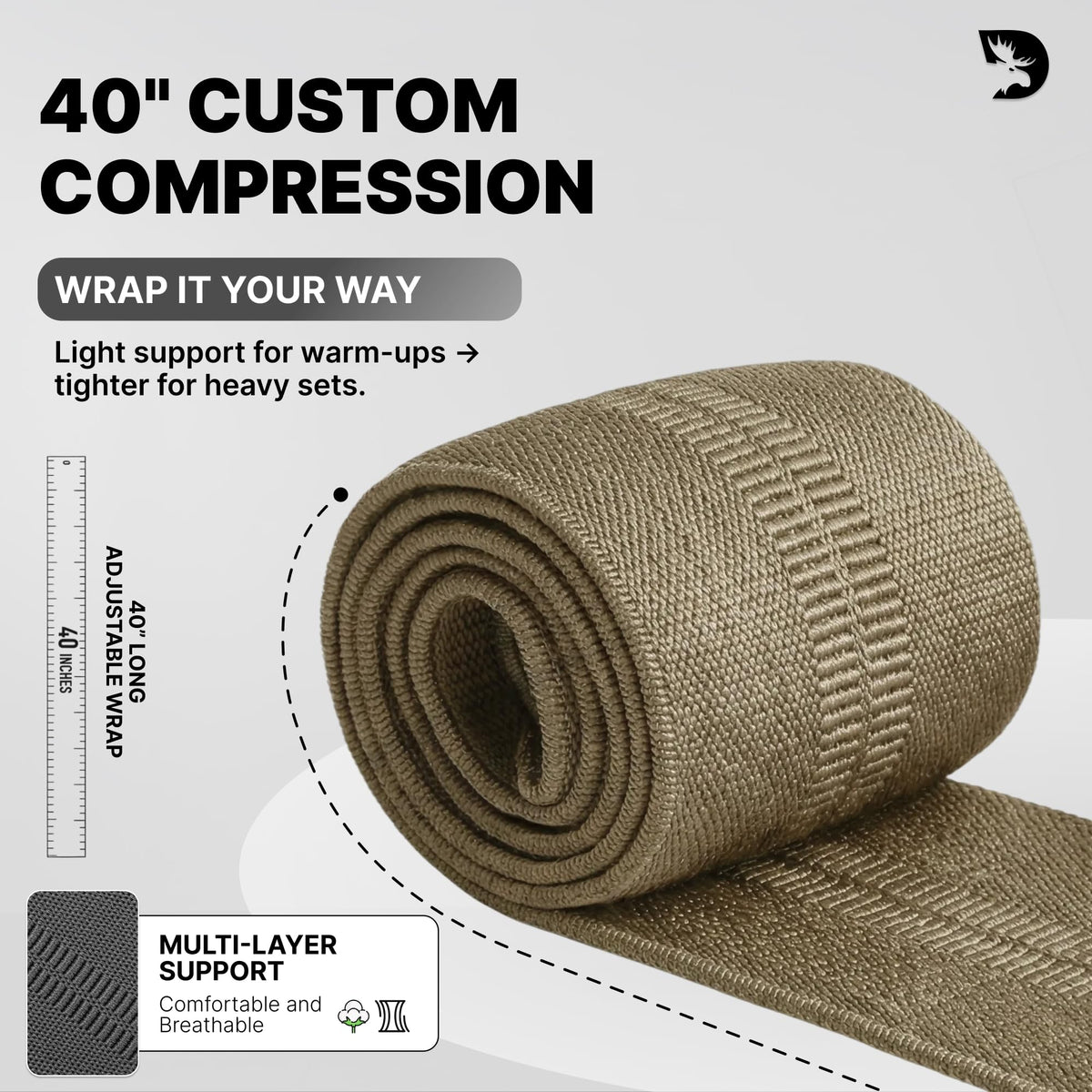 DMoose Fitness Elbow Wraps for Weightlifting (Pair) - 40'' Adjustable Elbow Strap for Gym Workout, Bench Press & Powerlifting - Compression Wraps for Tendonitis & Joint Support (Tan)
