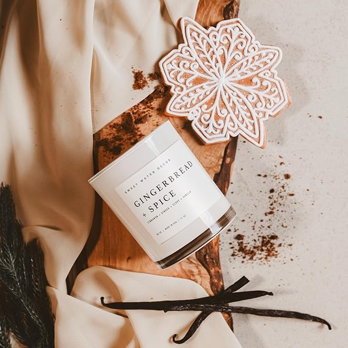 Sweet Water Decor Gingerbread and Spice Candle - Soy Cinnamon, Vanilla, Clove, Ginger Scented Gingerbread Candle for Christmas - 11oz White Jar with Wood Lid, 50+ Hour Burn Time, Made in The USA